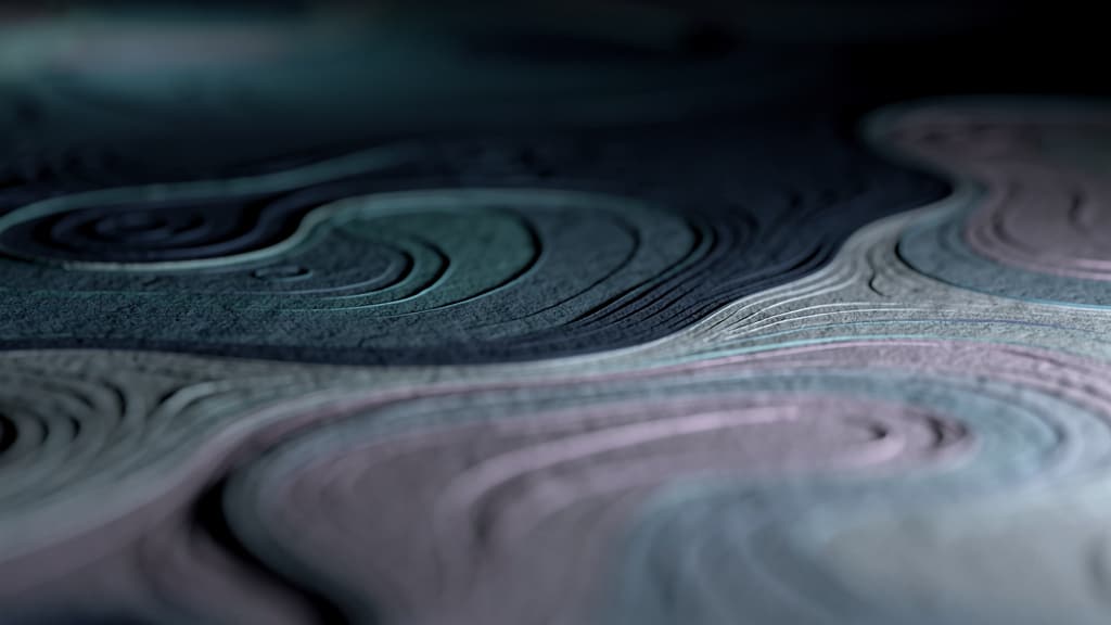 Abstract macro texture of dark still water at night with faint ripples catching cool teal and soft periwinkle light, no
