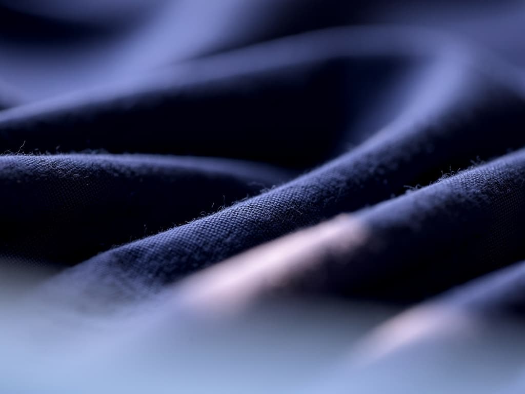 Abstract macro texture of soft folds of deep midnight-blue cotton fabric in low cool lamplight with faint periwinkle hig